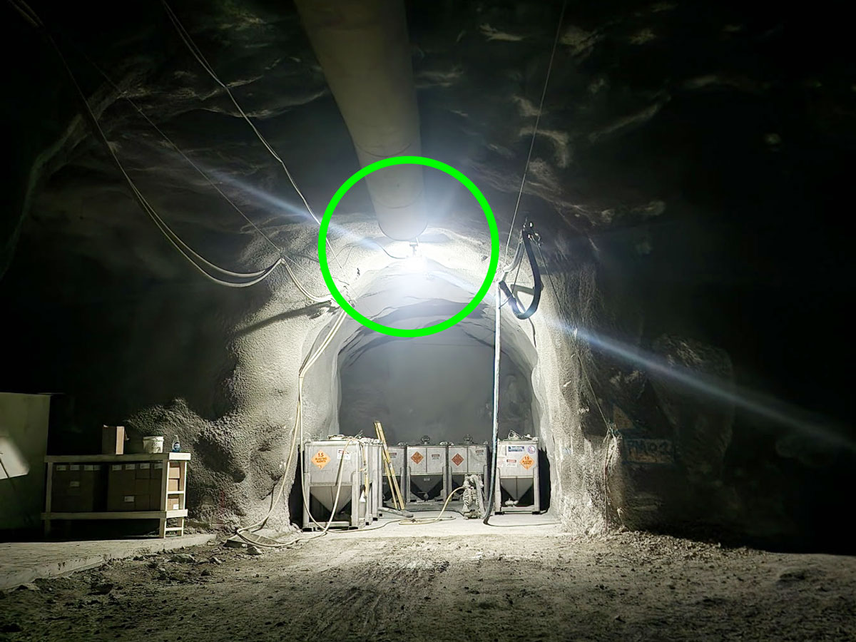 Kenross Goldmine area containing explosive materials is illuminated by one BRICK explosion proof safety light attached to our magnetic puck.